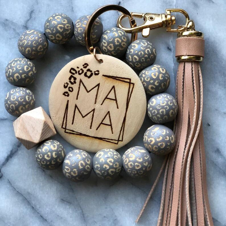 Wholesale Mother's Day Leopard Print Wooden Beads Tassel Bracelet Keychain